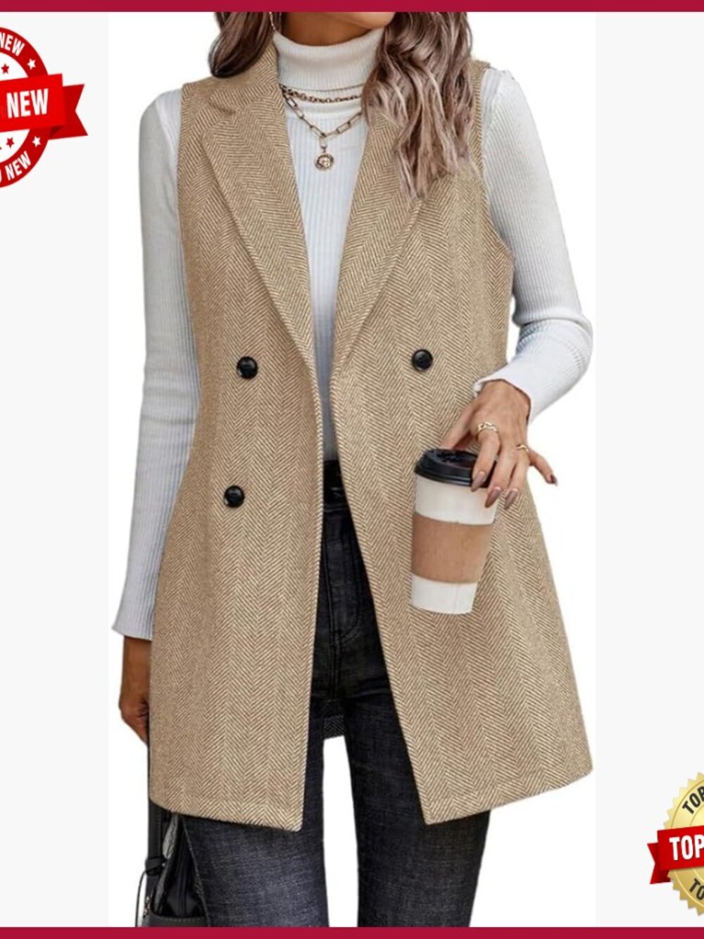 Sleeveless Tweed Long Vest Blazer Jacket Double Breasted Herringbone